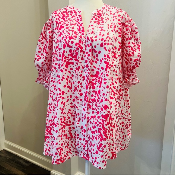 SHEIN Tops - Shein Curve Women’s White & Pink Print 3/4 Sleeve Ruffle Cuff Blouse (A0125)